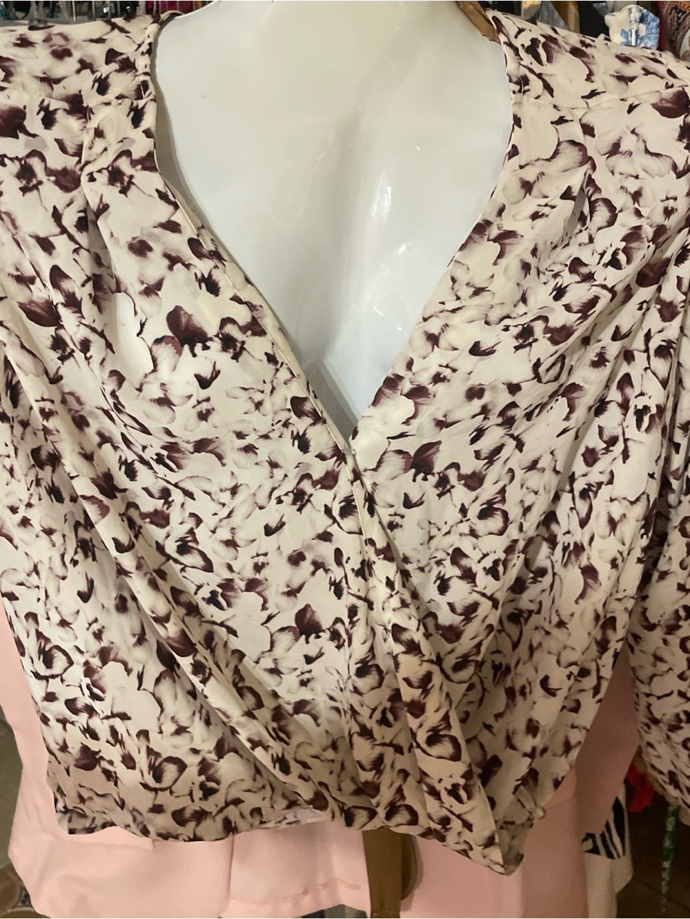 Halogen Cream and Burgundy Print Wrap Blouse